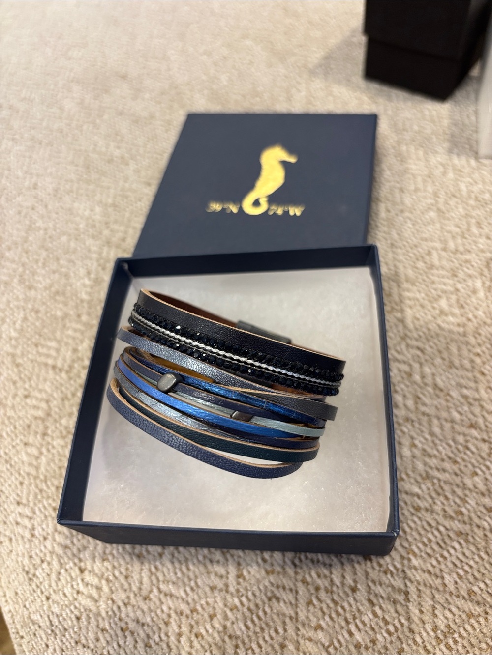 Seahorse Multi‑Strand Navy & Black Leather Wrap Bracelet